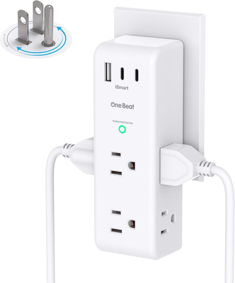 One Beat Surge Protector Outlet Extender with Rotating Plug, 6 AC Multi Plug Outlet with 3 USB Ports (2 USB C), 1800 Joules, 3-Sided Swivel Power Strip with Spaced Outlet Splitter for Home, Office, Dorm, White - Image 1
